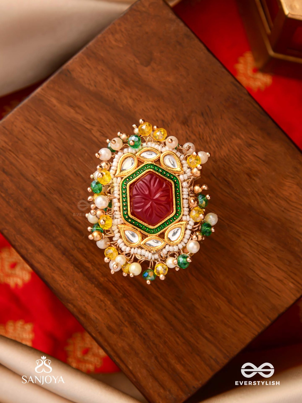 SURYAPRABHA - SUN’S AURA- LUXE HERITAGE KUNDAN RING WITH PEARLS, BEADS AND GEMSTONES