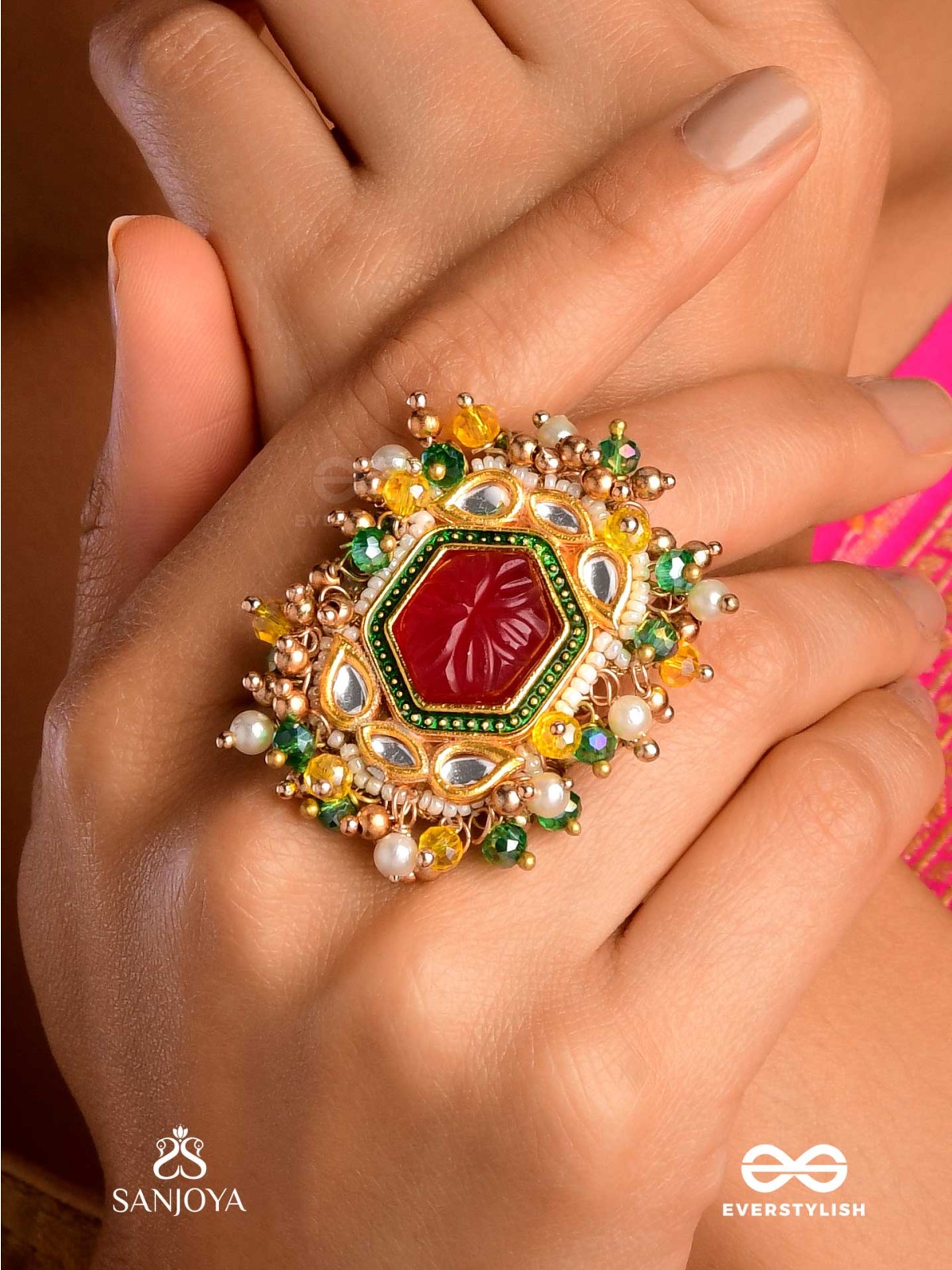 SURYAPRABHA - SUN’S AURA- LUXE HERITAGE KUNDAN RING WITH PEARLS, BEADS AND GEMSTONES