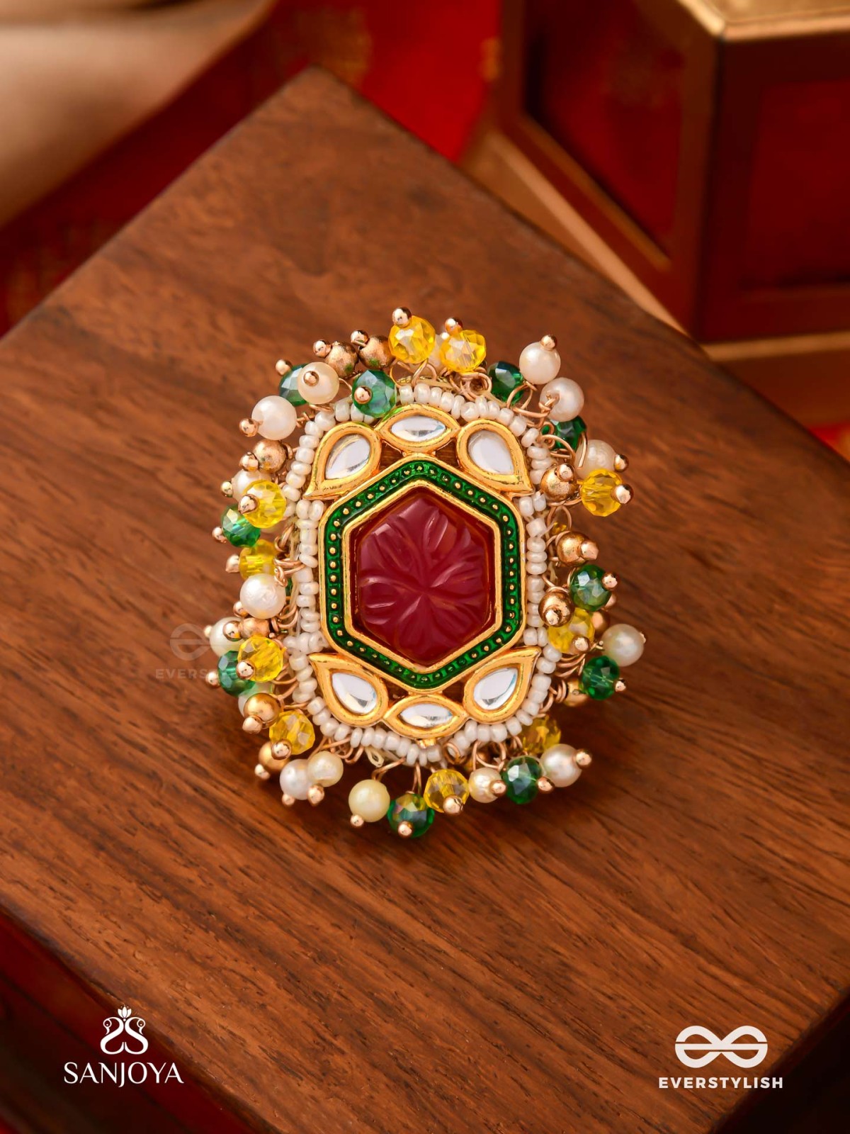 SURYAPRABHA - SUN’S AURA- LUXE HERITAGE KUNDAN RING WITH PEARLS, BEADS AND GEMSTONES