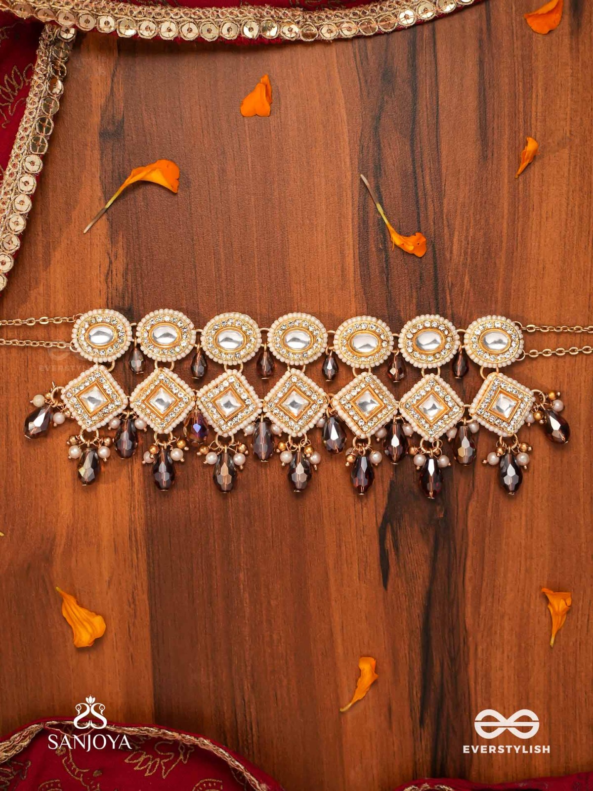 SHYAMALA - DUSKY QUEEN- GEOMETRIC POLKI NECKLACE WITH RICH GLASS DROPS AND PEARLS