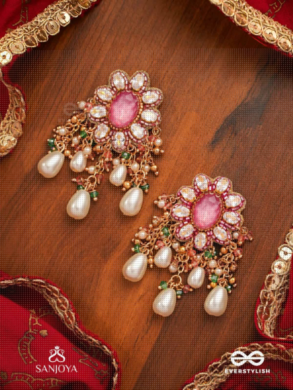 LALIMA - TINT OF PINK-  HAND EMBROIDERED EARRINGS WITH PEARL DROPLETS AND GEMSTONES