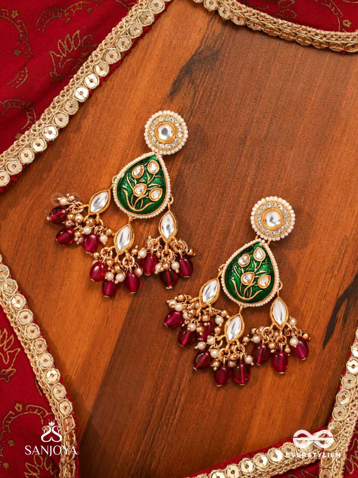 SINDURYA - SCARLET RAYS- GRAND CRESCENT ENAMEL KUNDAN EARRINGS WITH PEARLS AND BEADS