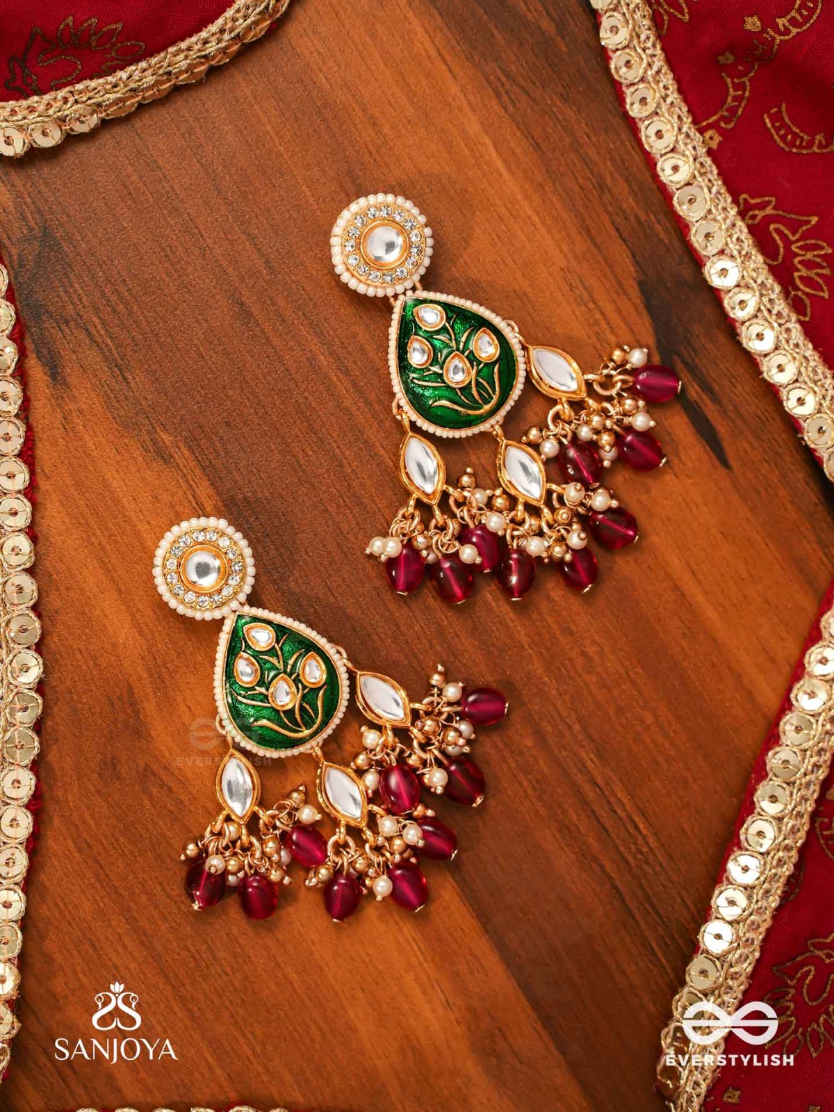 SINDURYA - SCARLET RAYS- GRAND CRESCENT ENAMEL KUNDAN EARRINGS WITH PEARLS AND BEADS