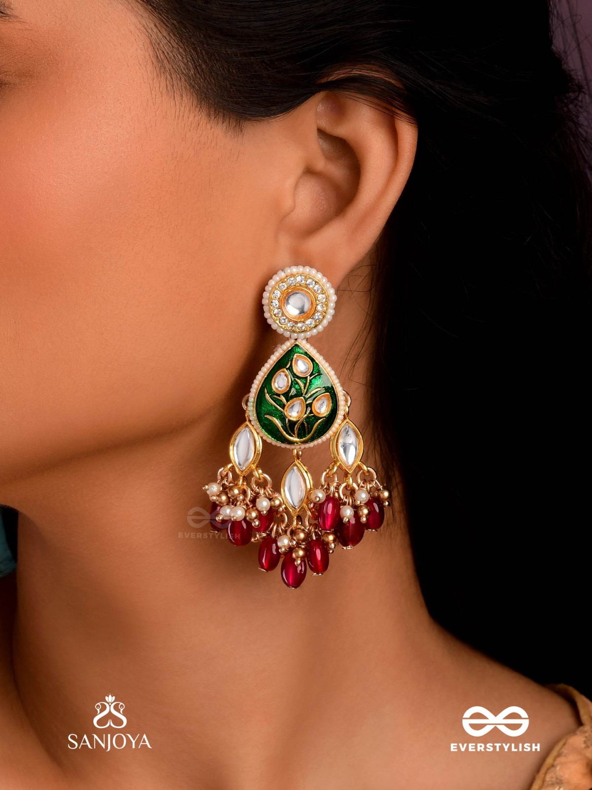 SINDURYA - SCARLET RAYS- GRAND CRESCENT ENAMEL KUNDAN EARRINGS WITH PEARLS AND BEADS