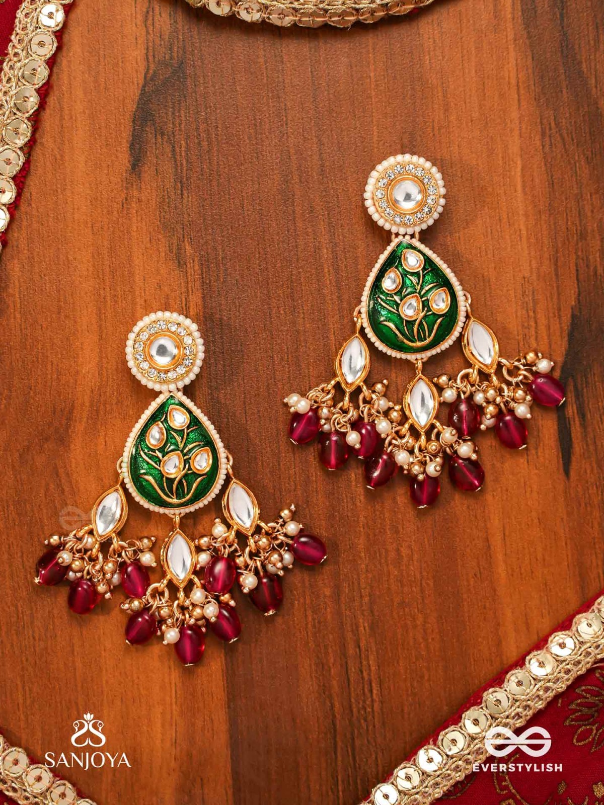 SINDURYA - SCARLET RAYS- GRAND CRESCENT ENAMEL KUNDAN EARRINGS WITH PEARLS AND BEADS