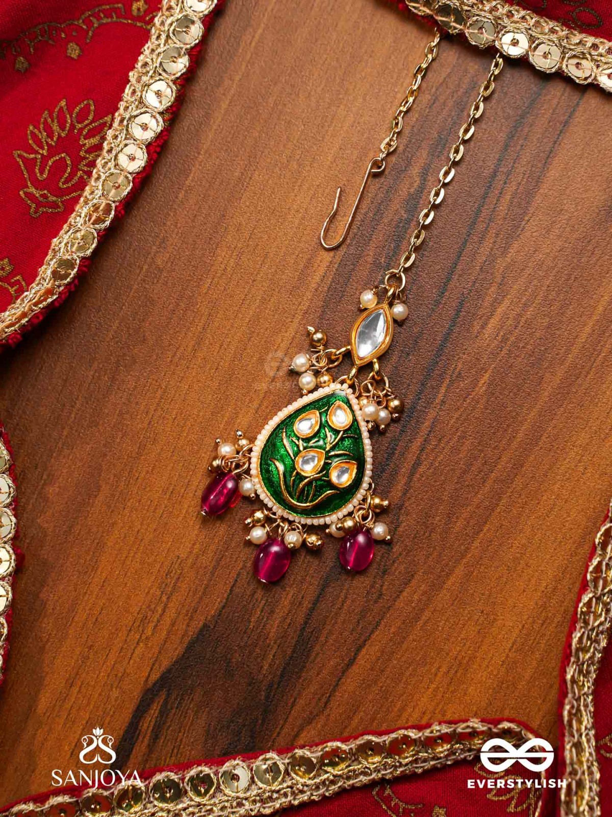 SINDURYA - SCARLET RAYS- GRAND CRESCENT ENAMEL KUNDAN MAANGTIKA WITH PEARLS AND BEADS