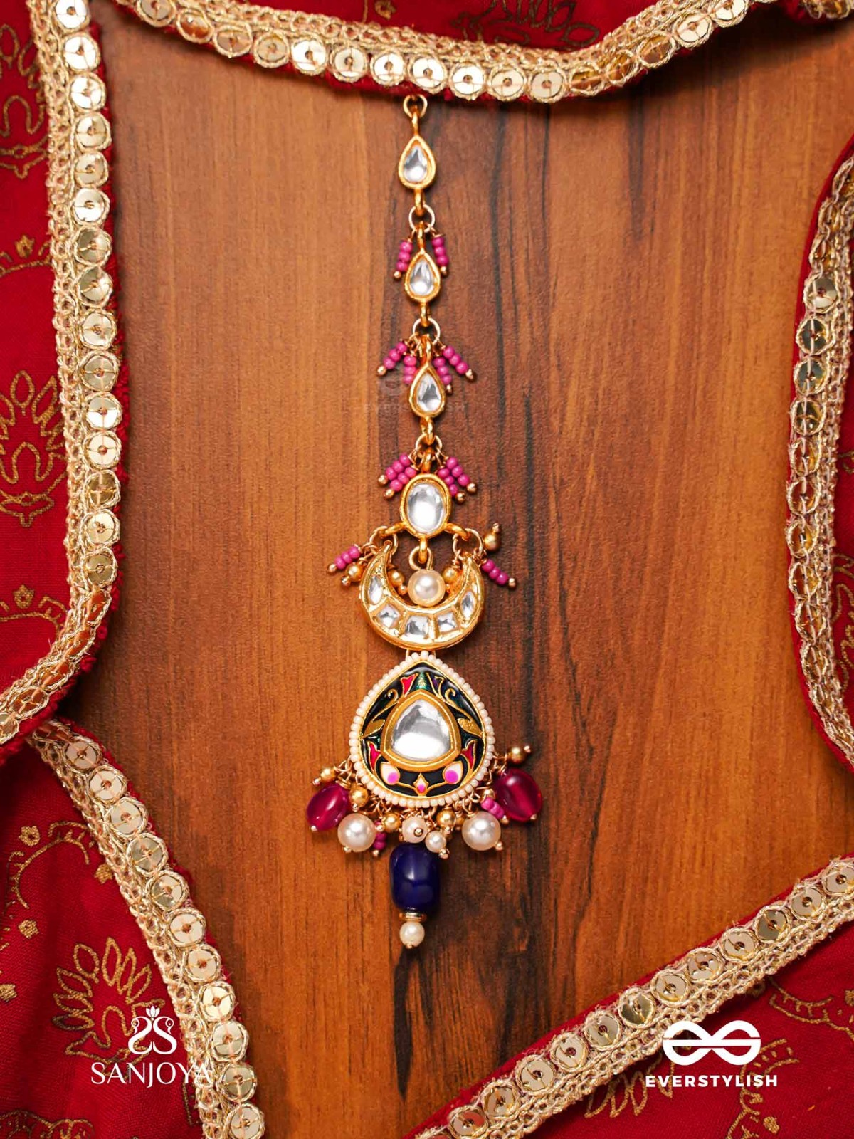 KUMUDRAAG - BLOOMING AT NIGHT-  INTRICATE ENAMELLED HANDCRAFTED KUNDAN MAANGTIKA WITH PEARLS AND BEADS