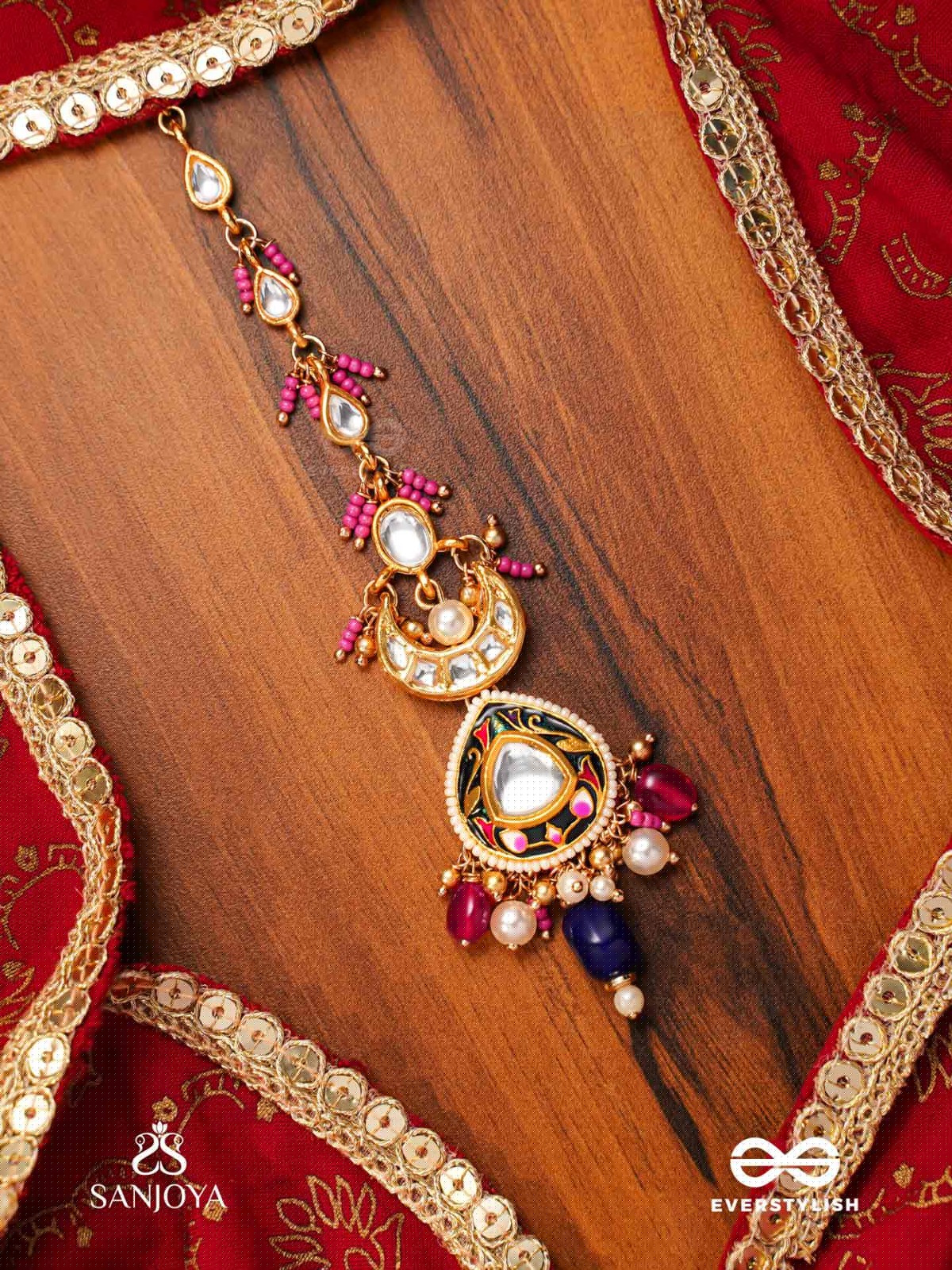 KUMUDRAAG - BLOOMING AT NIGHT-  INTRICATE ENAMELLED HANDCRAFTED KUNDAN MAANGTIKA WITH PEARLS AND BEADS