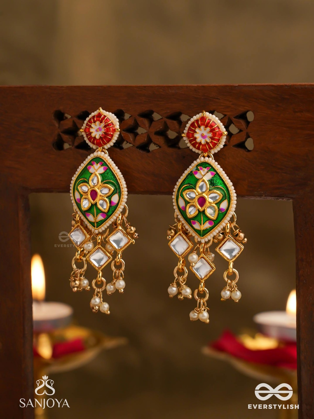 SHRINGARIKA - THE ADORNED ONE- ELEGANT PEARL EARRINGS WITH GREEN ENAMEL DROP, KUNDAN AND BEADS