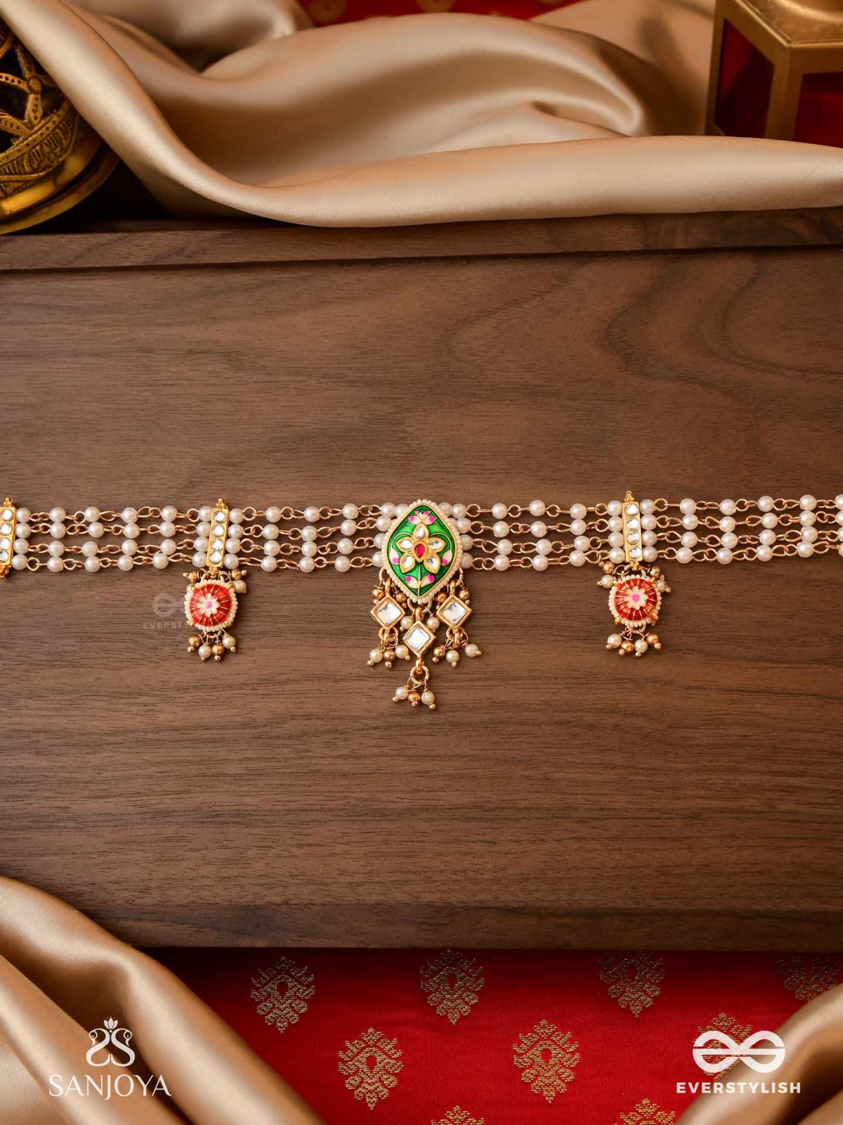 SHRINGARIKA - THE ADORNED ONE- ELEGANT PEARL NECKLACE WITH GREEN ENAMEL DROP, KUNDAN AND BEADS