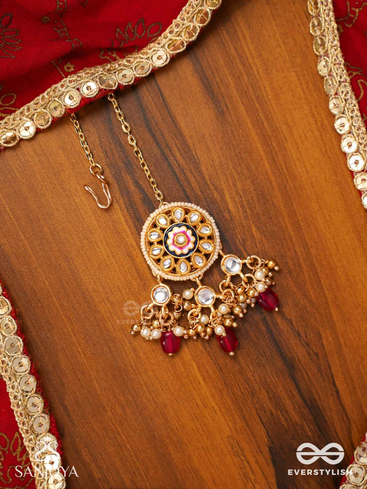 TRIBANDHURA - THREE-STRANDED BEAUTY-  KUNDAN MAANGTIKA WITH FLORAL ENAMELLED MEDALLIONS AND RUBY DROPS
