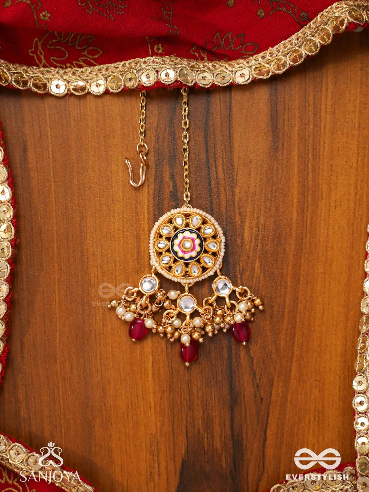 TRIBANDHURA - THREE-STRANDED BEAUTY-  KUNDAN MAANGTIKA WITH FLORAL ENAMELLED MEDALLIONS AND RUBY DROPS