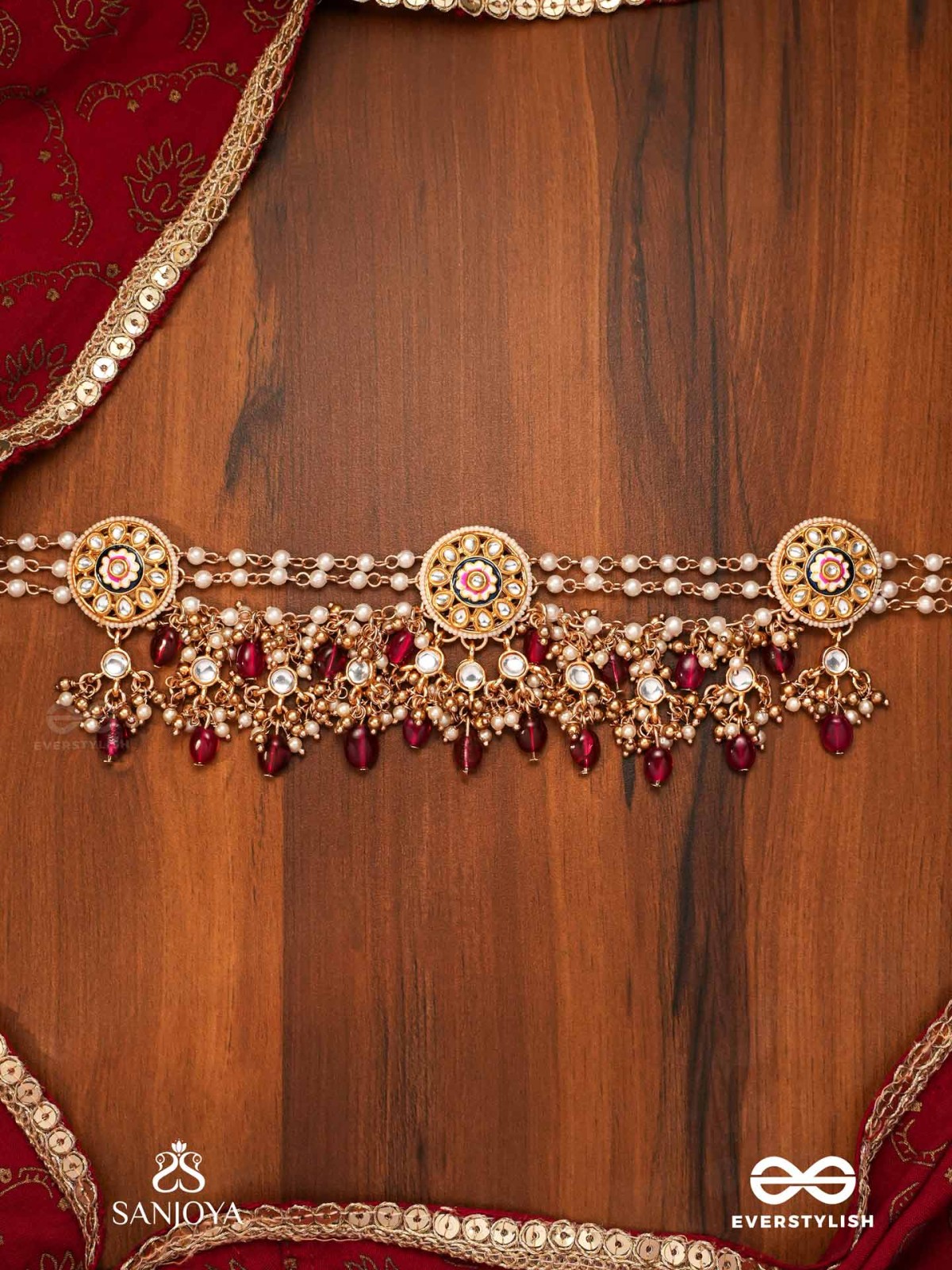 TRIBANDHURA - THREE-STRANDED BEAUTY- TRIPLE-CHAIN KUNDAN NECKPIECE WITH FLORAL ENAMELLED MEDALLIONS AND RUBY DROPS