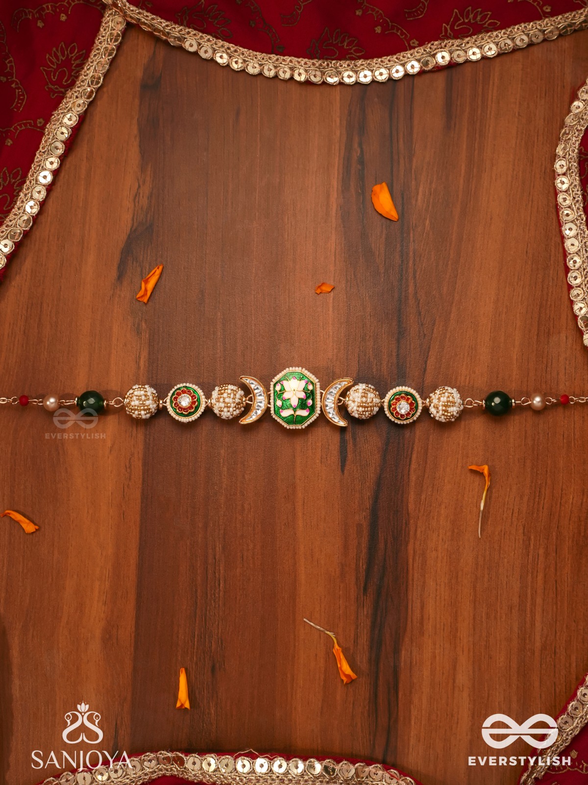 SHASHIRATNA - MOON GEM- MINIMALISTIC KUNDAN ENAMEL NECKLACE WITH FLORAL CENTER, PEARL SPHERES AND CELESTIAL DESIGN