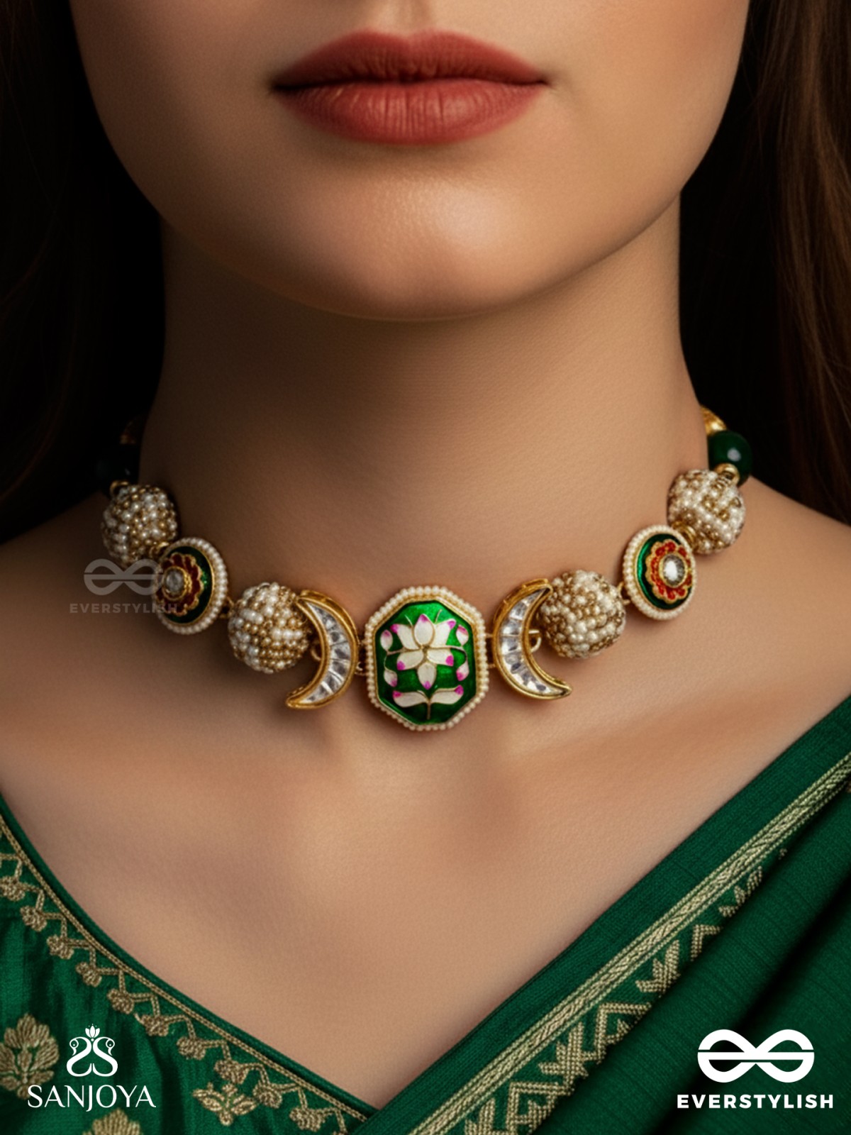 SHASHIRATNA - MOON GEM- MINIMALISTIC KUNDAN ENAMEL NECKLACE WITH FLORAL CENTER, PEARL SPHERES AND CELESTIAL DESIGN