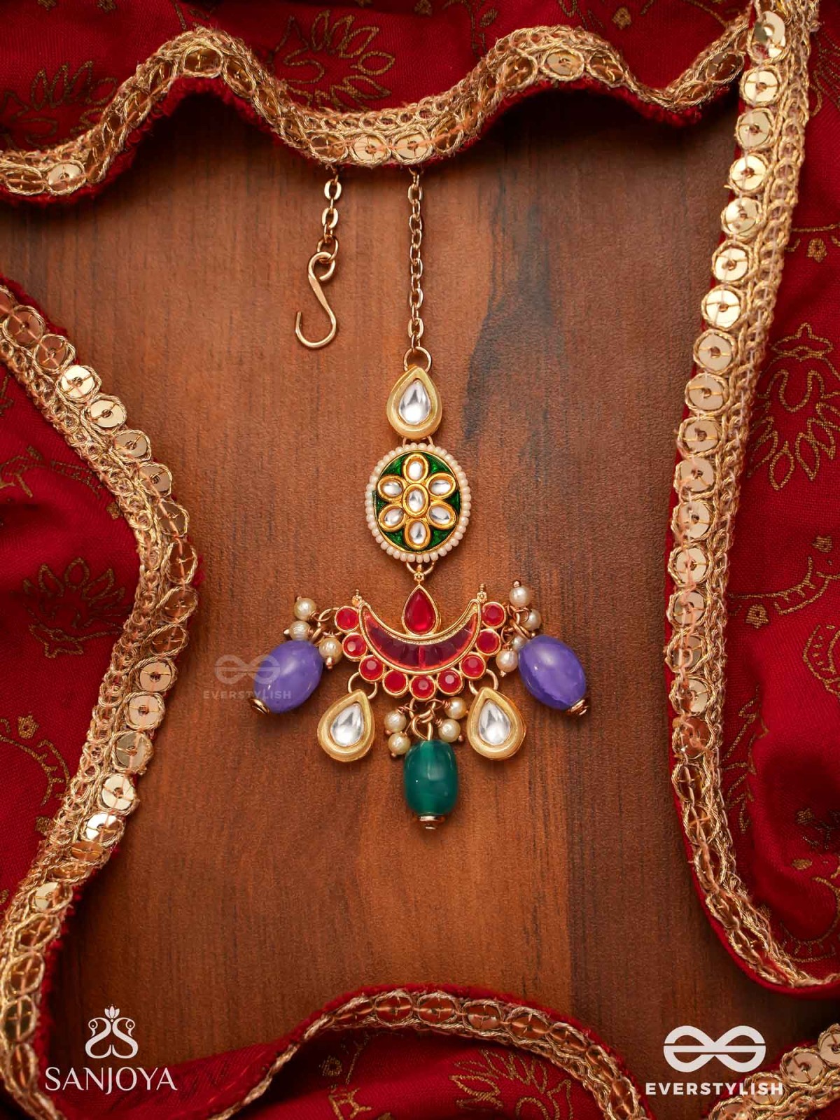 RANGAMAYA - FILLED WITH COLORS- INTRICATE KUNDAN CRESCENTS ENAMELLED MAANGTIKA WITH VIBRANT BEADED FRINGES AND PEARLS