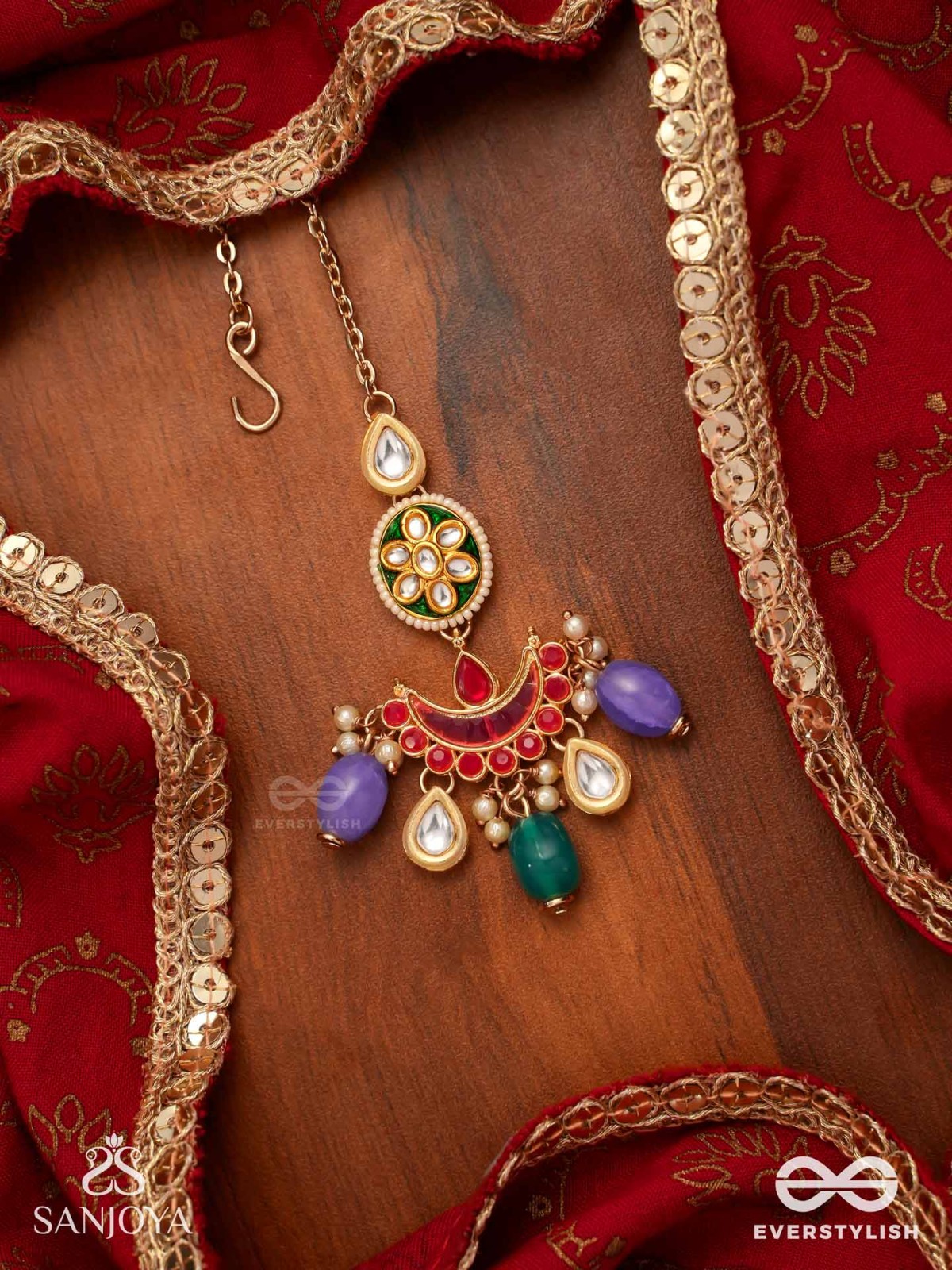 RANGAMAYA - FILLED WITH COLORS- INTRICATE KUNDAN CRESCENTS ENAMELLED MAANGTIKA WITH VIBRANT BEADED FRINGES AND PEARLS