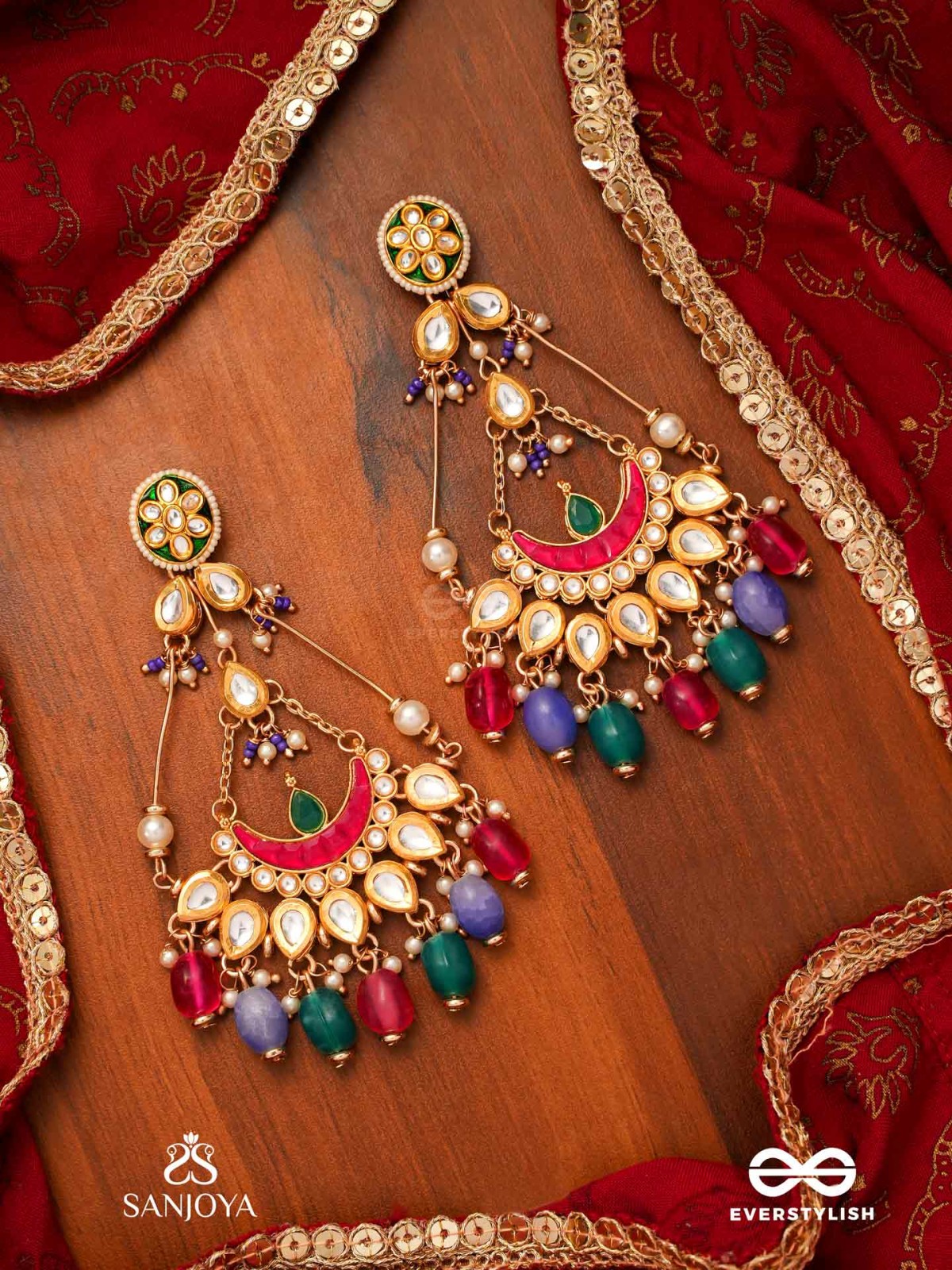 RANGAMAYA - FILLED WITH COLORS- INTRICATE KUNDAN CRESCENTS ENAMELLED EARRINGS WITH VIBRANT BEADED FRINGES AND PEARLS
