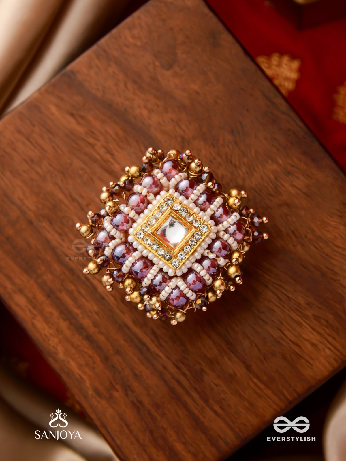 SHYAMALA - DUSKY QUEEN- GEOMETRIC POLKI RING WITH RICH GLASS DROPS AND PEARLS