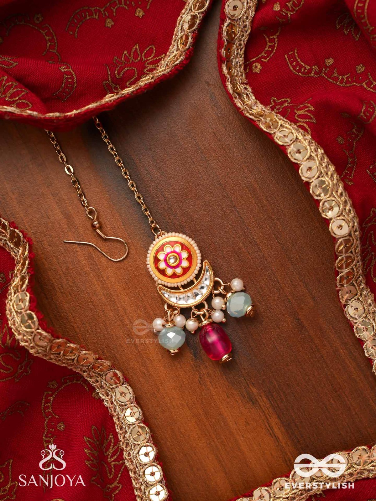 ROCHITA - BLOSSOMED TIP - ENAMELED FLORAL MAANGTIKA WITH CRESCENT AND MULTICOLORED BEADS