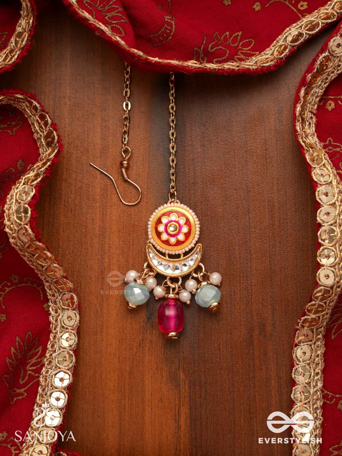 ROCHITA - BLOSSOMED TIP - ENAMELED FLORAL MAANGTIKA WITH CRESCENT AND MULTICOLORED BEADS