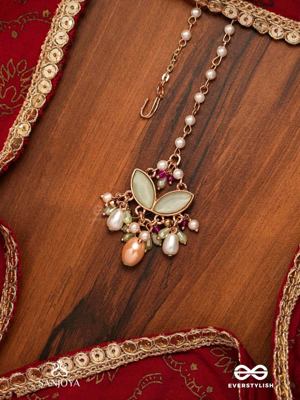 VASANTILATA - SPRING VINE- CHARMING PASTEL KUNDAN MAANGTIKA WITH GEMSTONES, BEADS AND PEARL DROPS