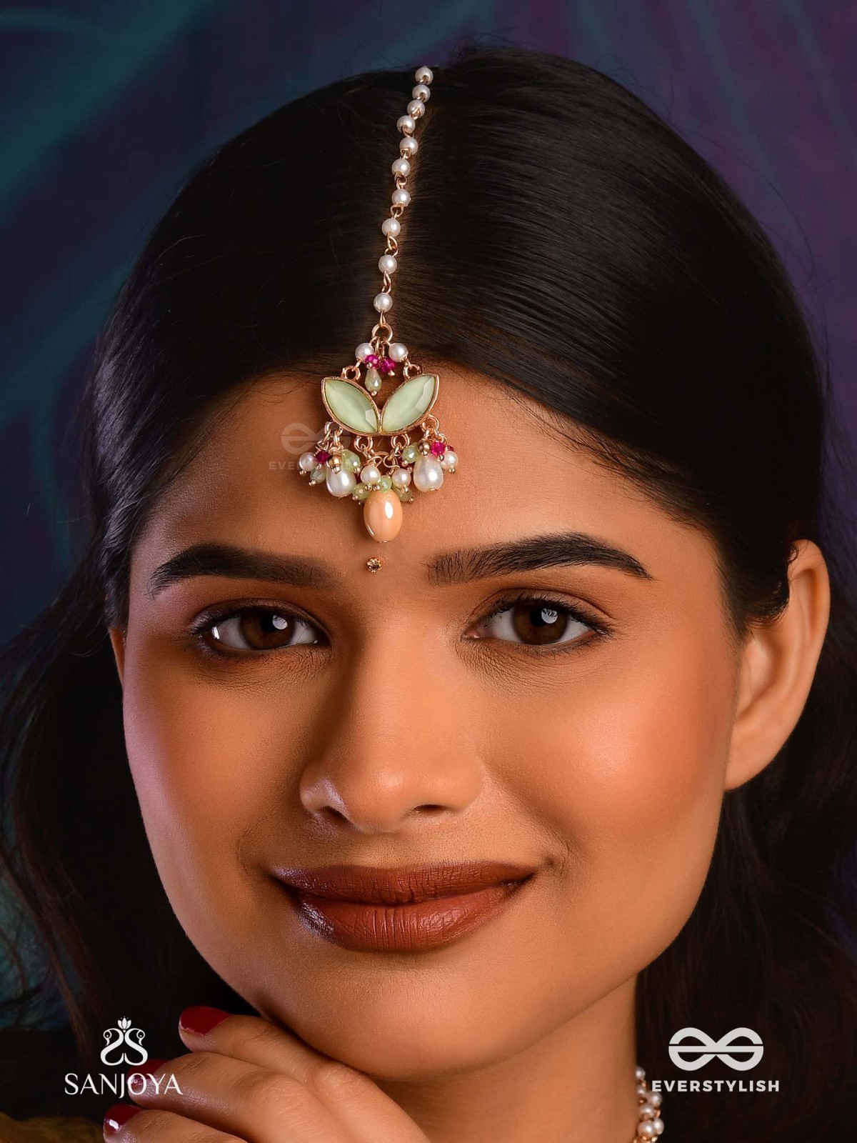 VASANTILATA - SPRING VINE- CHARMING PASTEL KUNDAN MAANGTIKA WITH GEMSTONES, BEADS AND PEARL DROPS