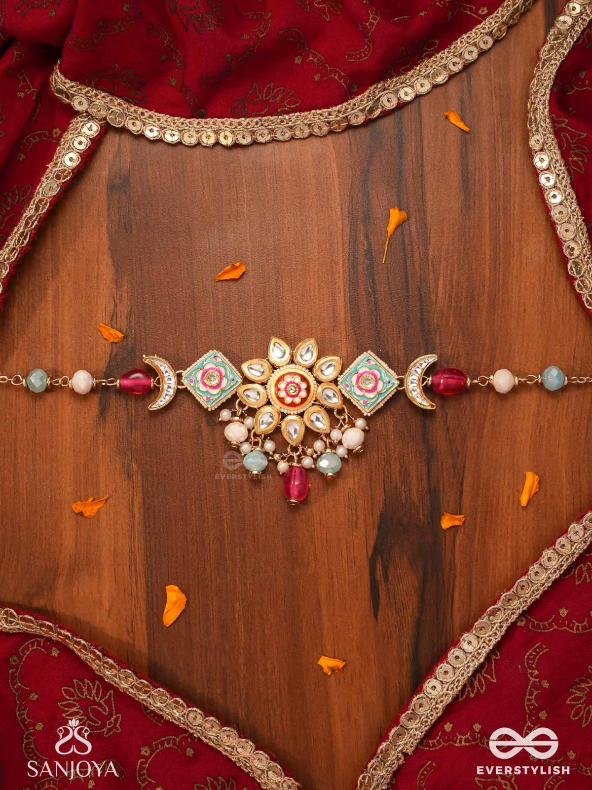 SOMARANGI - MOON-HUED BEAUTY- FLORAL ENAMELLED KUNDAN CHOKER WITH COLORFUL BEAD DROPS AND PEARLS