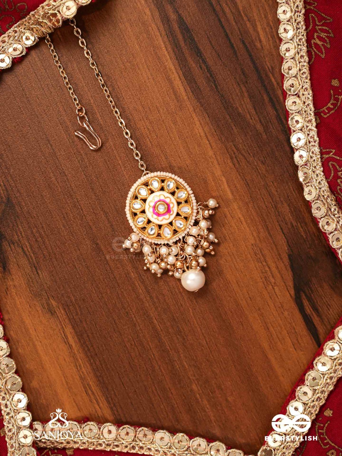 KSHIRANILA - MILKY SKY - ELEGANT KUNDAN PEARL MAANGTIKA WITH A CENTRAL ROUND POLKI ENAMEL DETAIL