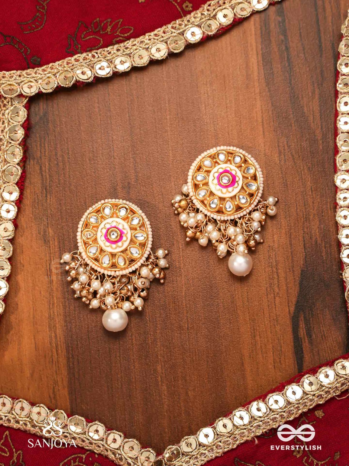 KSHIRANILA - MILKY SKY - ELEGANT KUNDAN PEARL EARRINGS WITH A CENTRAL ROUND POLKI ENAMEL DETAIL