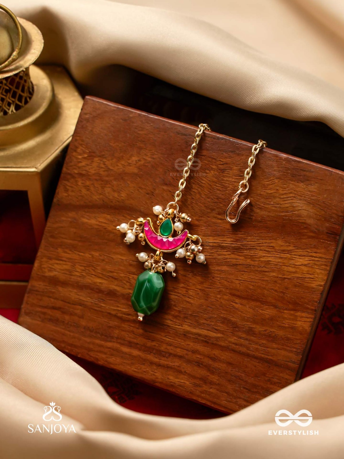 NILACHAPA - BLUE-GREEN ARC- DARK EMERALD GREEN TEXTURED MAANGTIKA WITH KUNDAN AND PEARLS