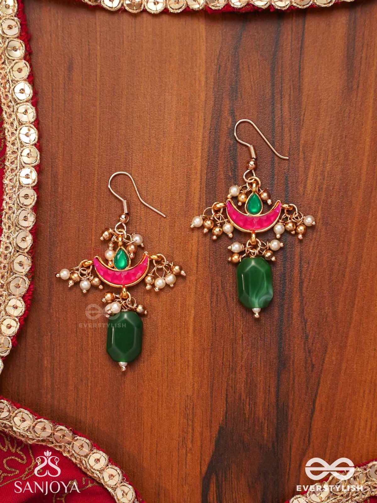 NILACHAPA - BLUE-GREEN ARC- DARK EMERALD GREEN TEXTURED EARRINGS WITH KUNDAN AND PEARLS