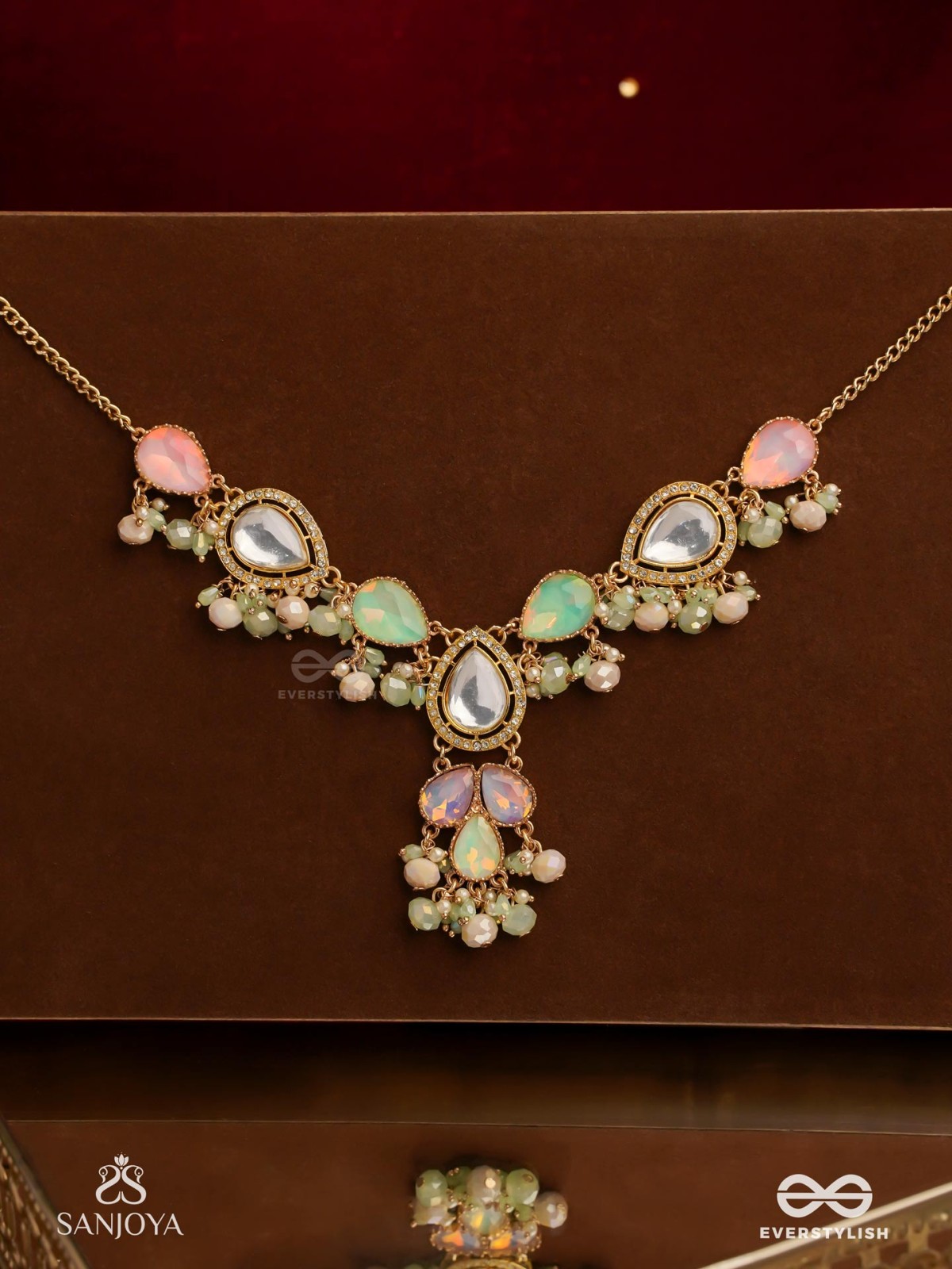 PRITHULAA - DELICATE DROP- PASTEL DROPS KUNDAN NECKPIECE WITH PEARL ACCENTS, GEMSTONES AND BEADS
