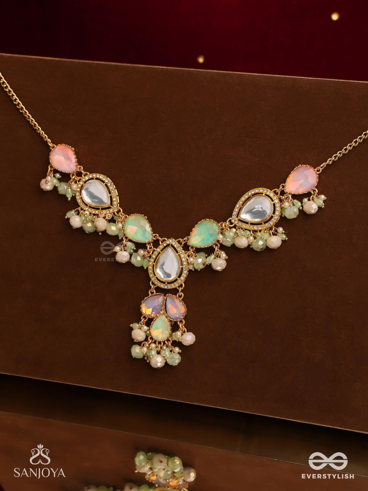PRITHULAA - DELICATE DROP- PASTEL DROPS KUNDAN NECKPIECE WITH PEARL ACCENTS, GEMSTONES AND BEADS