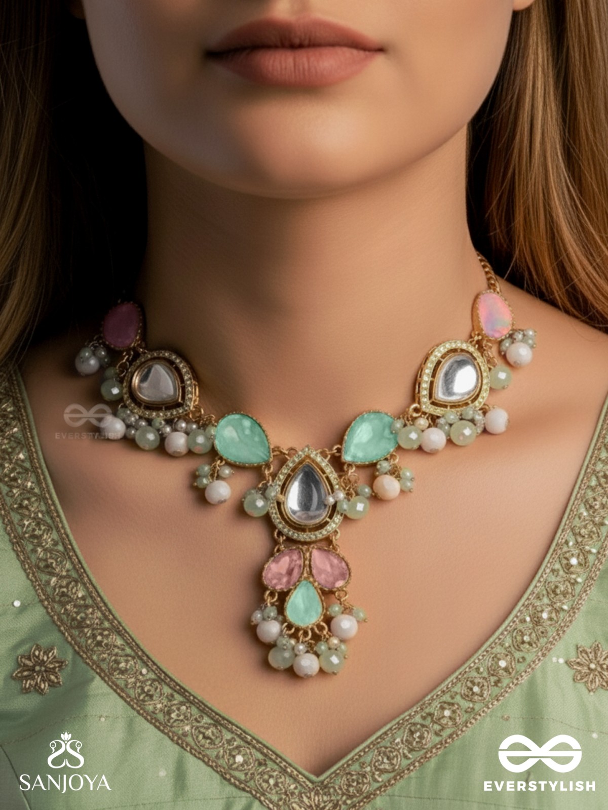 PRITHULAA - DELICATE DROP- PASTEL DROPS KUNDAN NECKPIECE WITH PEARL ACCENTS, GEMSTONES AND BEADS