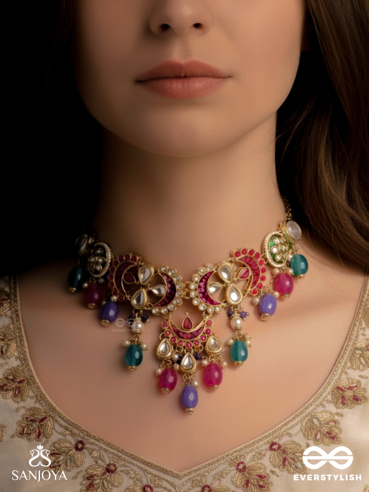 RANGAMAYA - FILLED WITH COLORS- INTRICATE KUNDAN CRESCENTS ENAMELLED NECKPIECE WITH VIBRANT BEADED FRINGES AND PEARLS