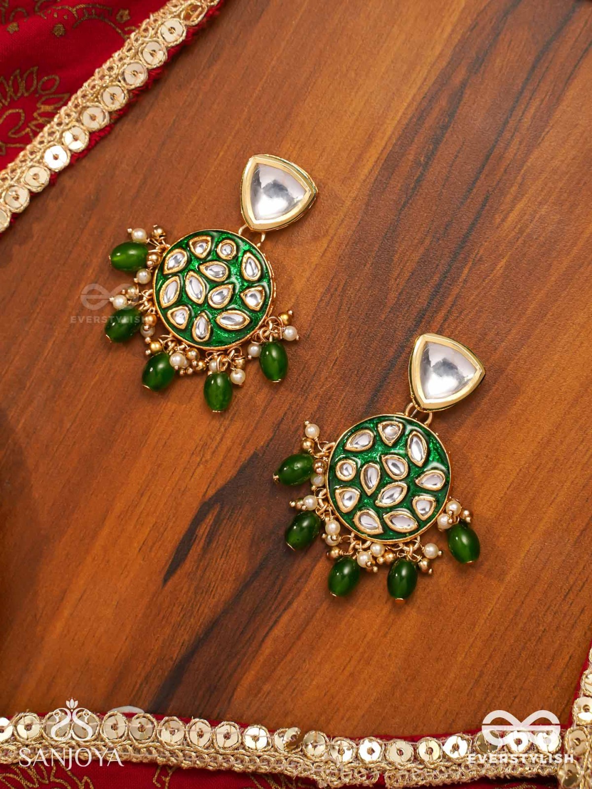 ARUNODAYA - DAWN RAYS- SYMMETRICAL KUNDAN POLKI EARRINGS WITH EMERALD GREEN ENAMEL ACCENT, PEARLS AND BEADS