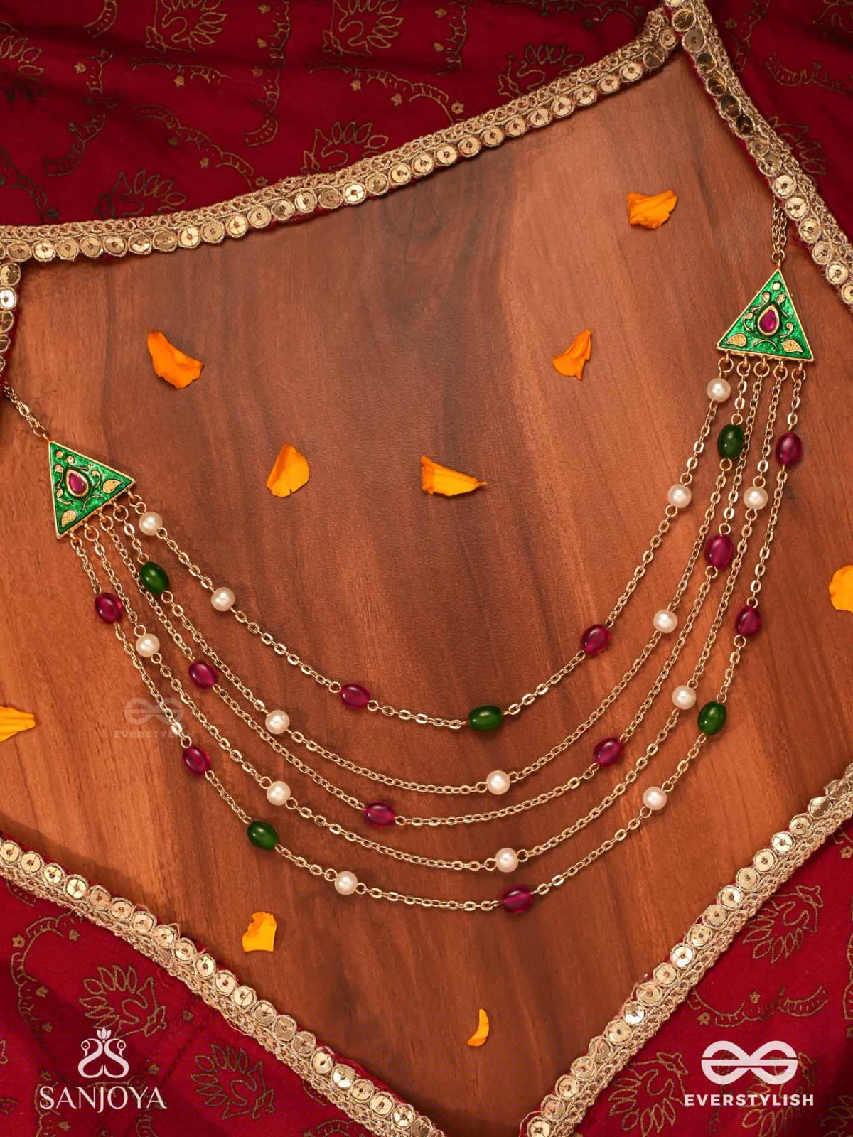RANGLEKHA - LINES OF COLOR-  LAYERED GOLDEN CHAINED KUNDAN NECKPIECE WITH VIBRANT GEM DROPS AND FLORAL ENAMELED EDGES