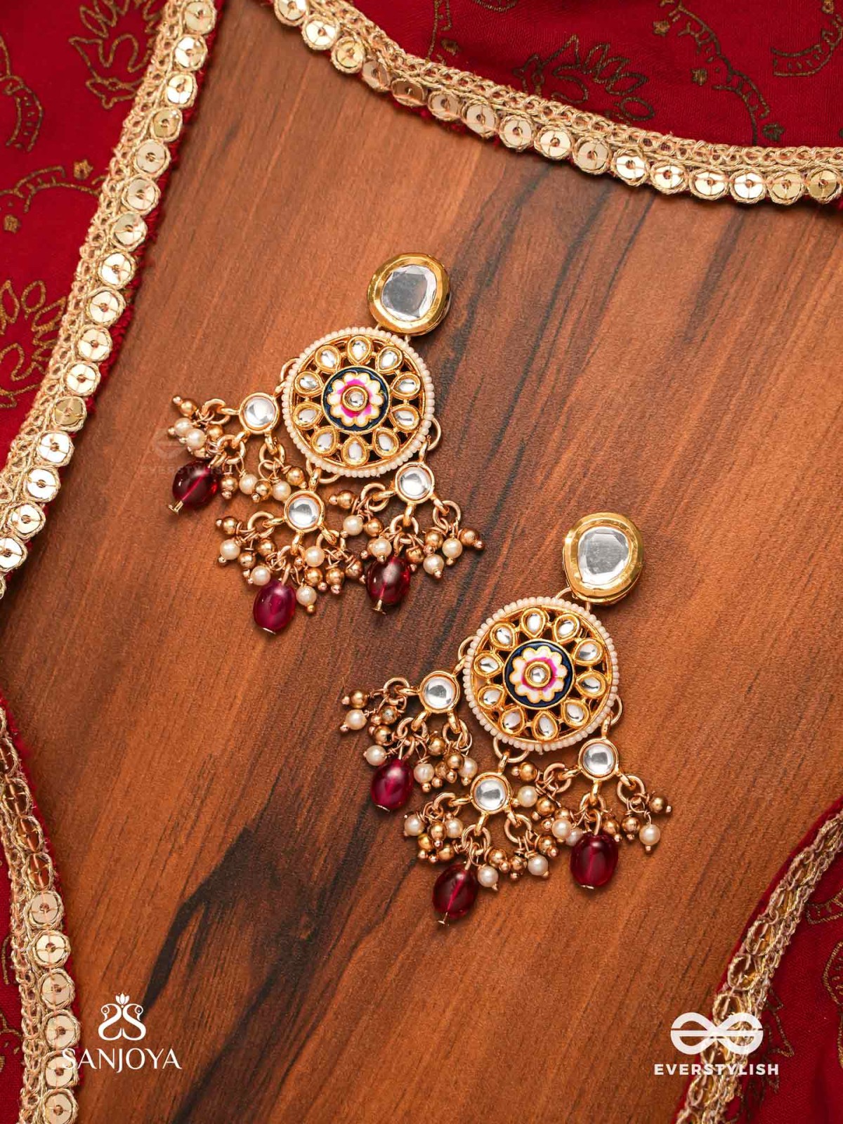 TRIBANDHURA - THREE-STRANDED BEAUTY-  KUNDAN EARRING WITH FLORAL ENAMELLED MEDALLIONS AND RUBY DROPS