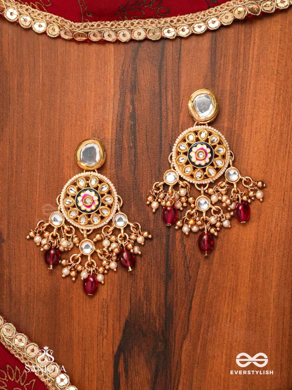 TRIBANDHURA - THREE-STRANDED BEAUTY-  KUNDAN EARRING WITH FLORAL ENAMELLED MEDALLIONS AND RUBY DROPS