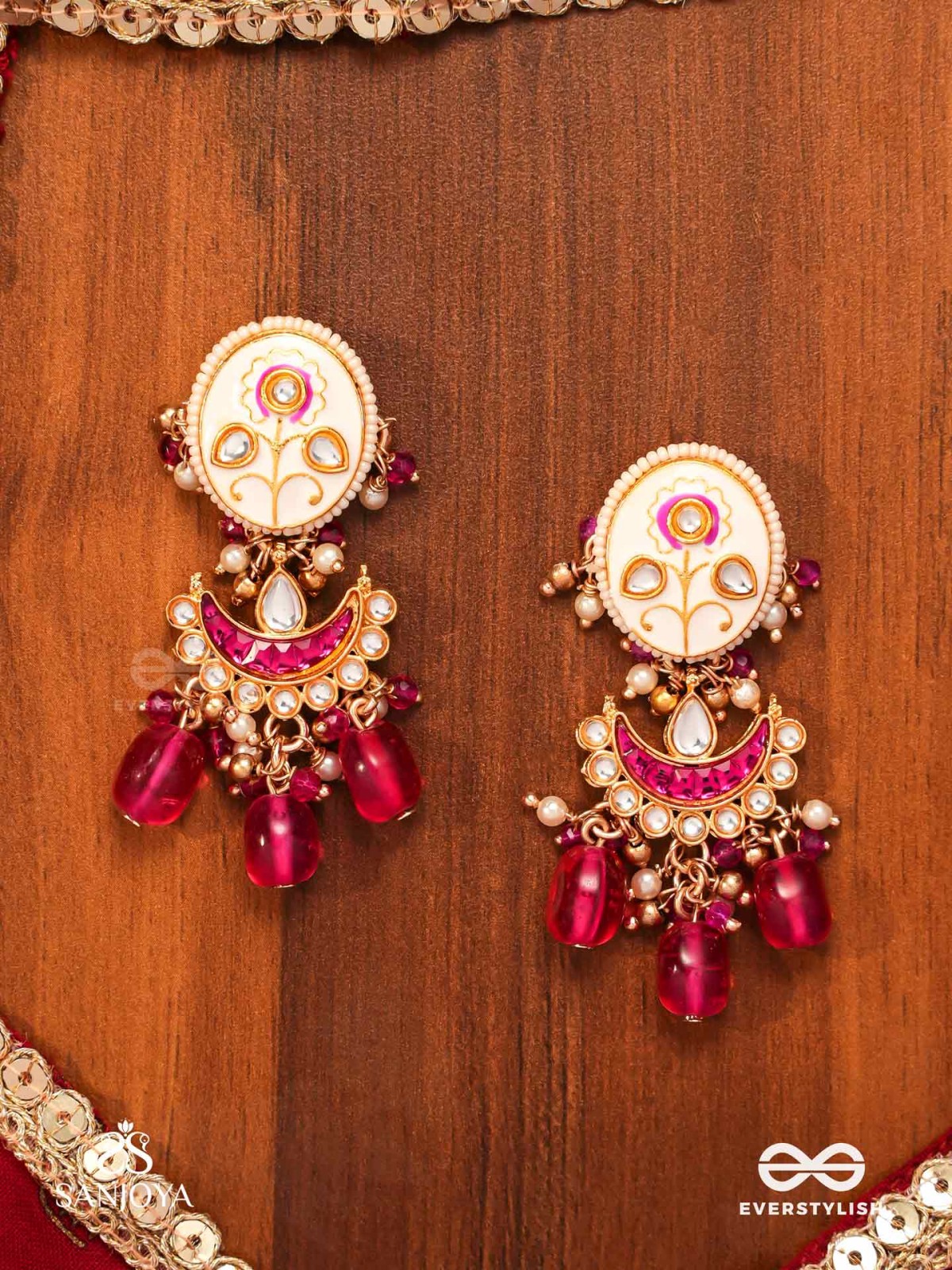 KAMALANGI - LOTUS-BODIED- FLORAL ENAMEL CENTRE DESIGN EARRINGS WITH TRIPLE CHAIN LAYERS AND RUBY BAEDS AND PEARLS
