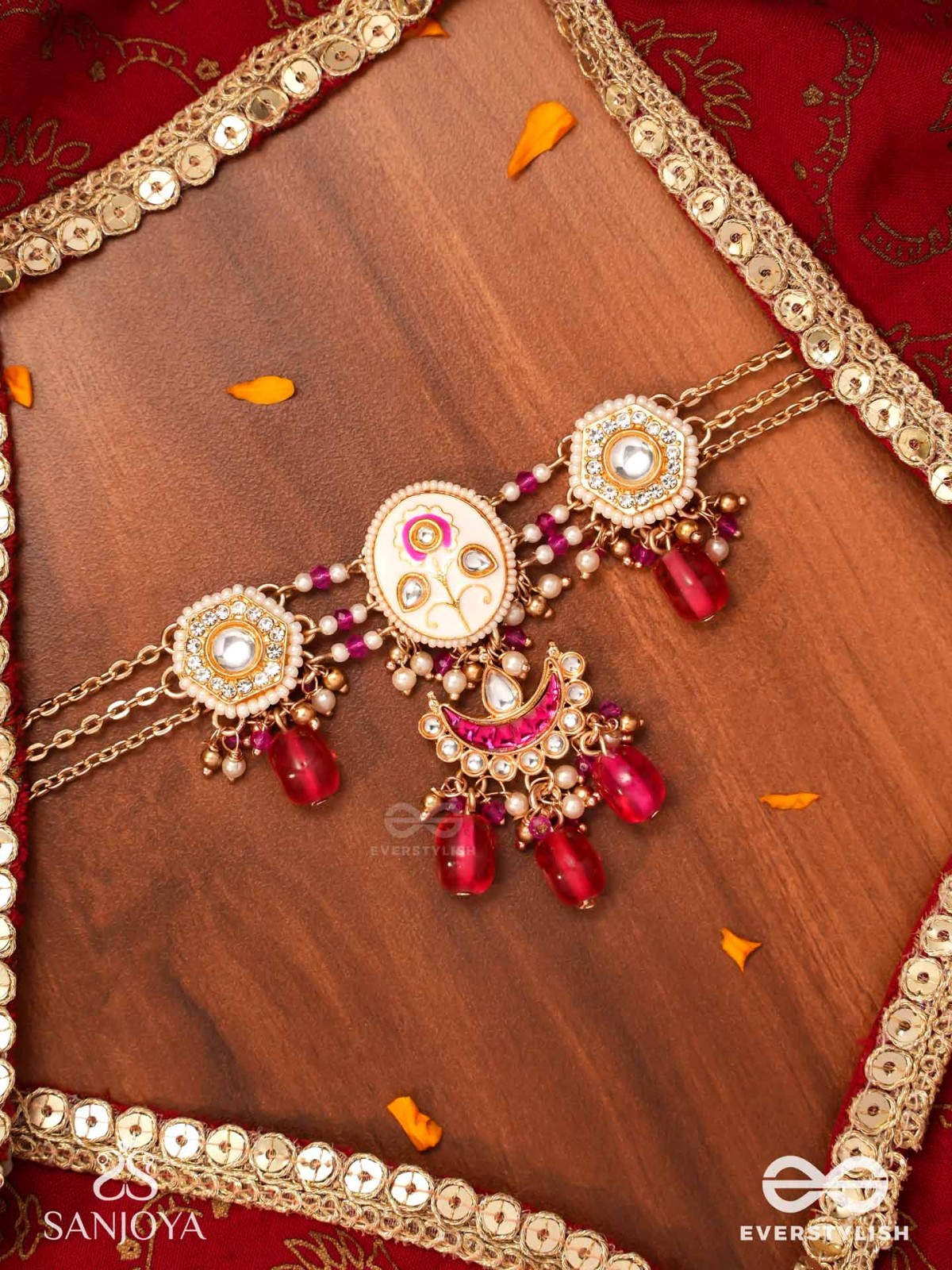 KAMALANGI - LOTUS-BODIED- FLORAL ENAMEL CENTRE DESIGN NECKPIECE WITH TRIPLE CHAIN LAYERS AND RUBY BAEDS AND PEARLS