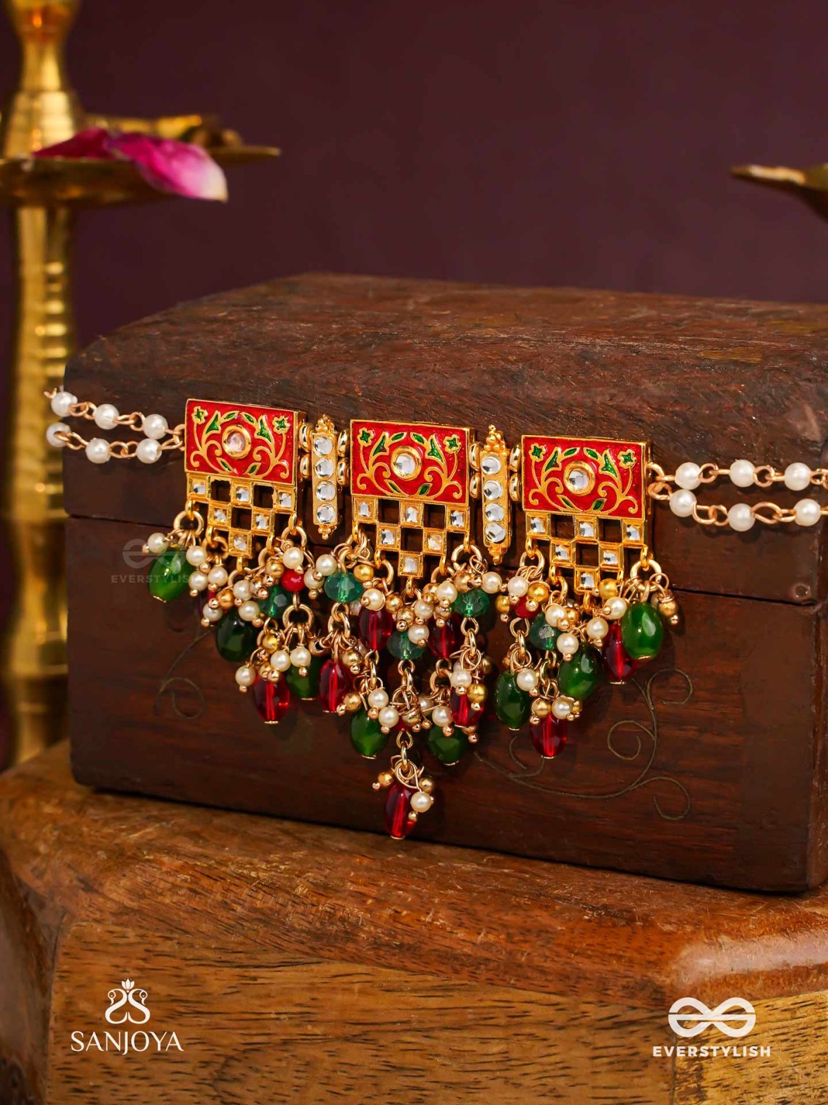 SHUBHADRA - AUSPICIOUS BEAUTY- GEOMETRIC KUNDAN ENAMELLED NECKPIECE WITH PEARLS AND BEADS