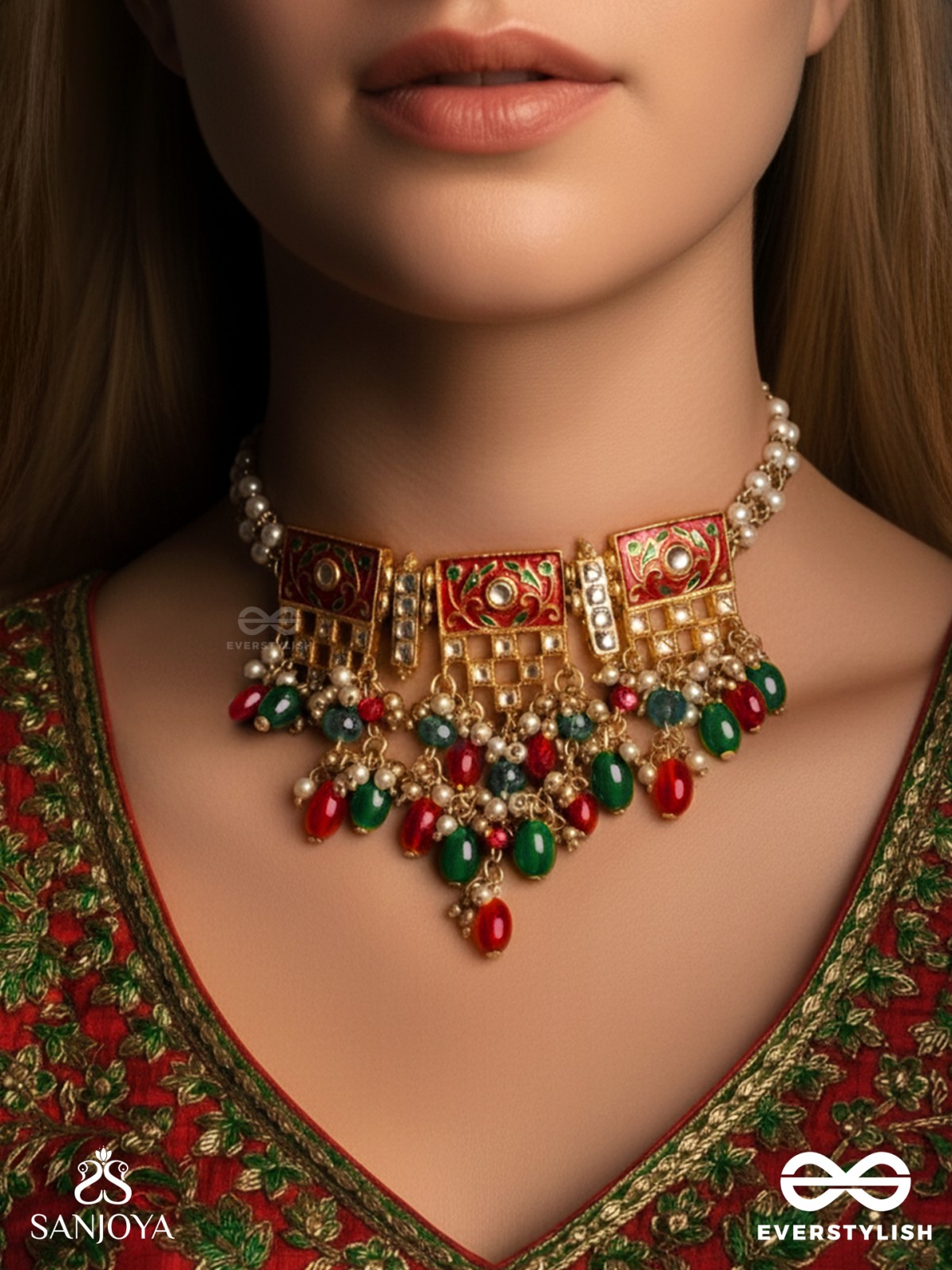 SHUBHADRA - AUSPICIOUS BEAUTY- GEOMETRIC KUNDAN ENAMELLED NECKPIECE WITH PEARLS AND BEADS
