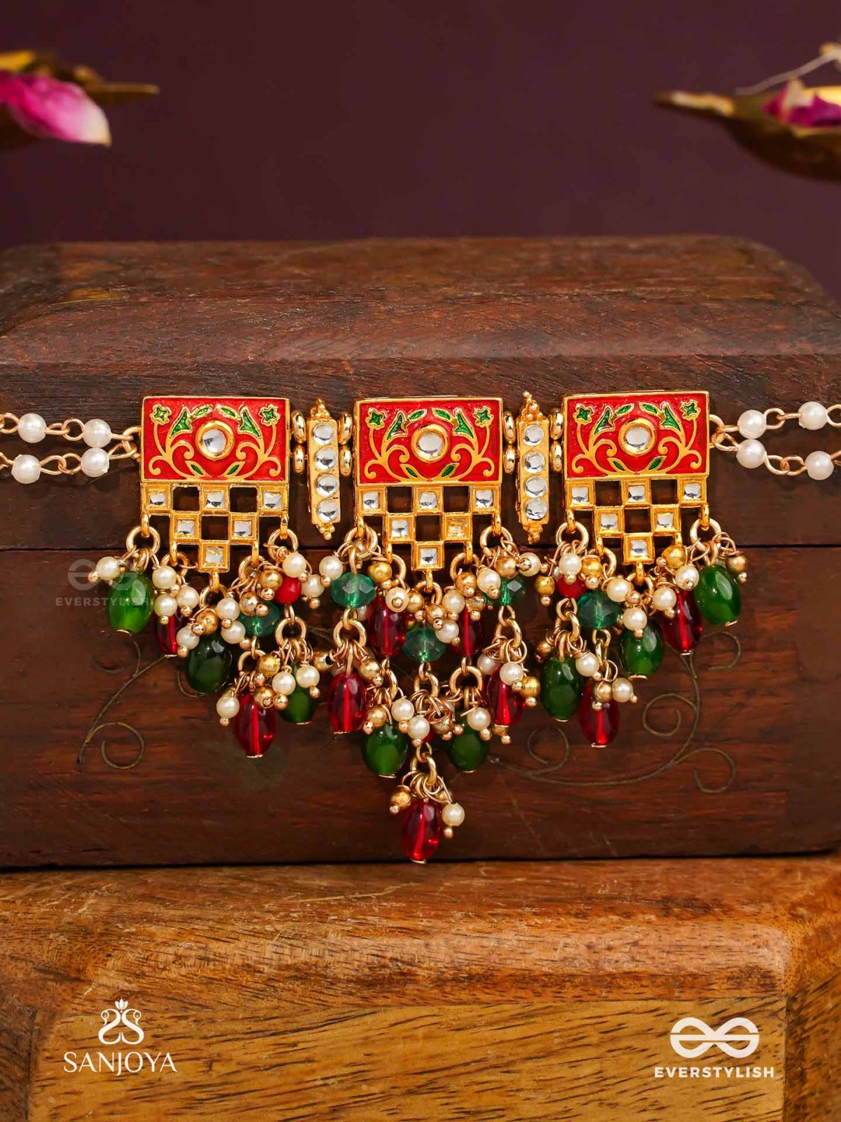 SHUBHADRA - AUSPICIOUS BEAUTY- GEOMETRIC KUNDAN ENAMELLED NECKPIECE WITH PEARLS AND BEADS