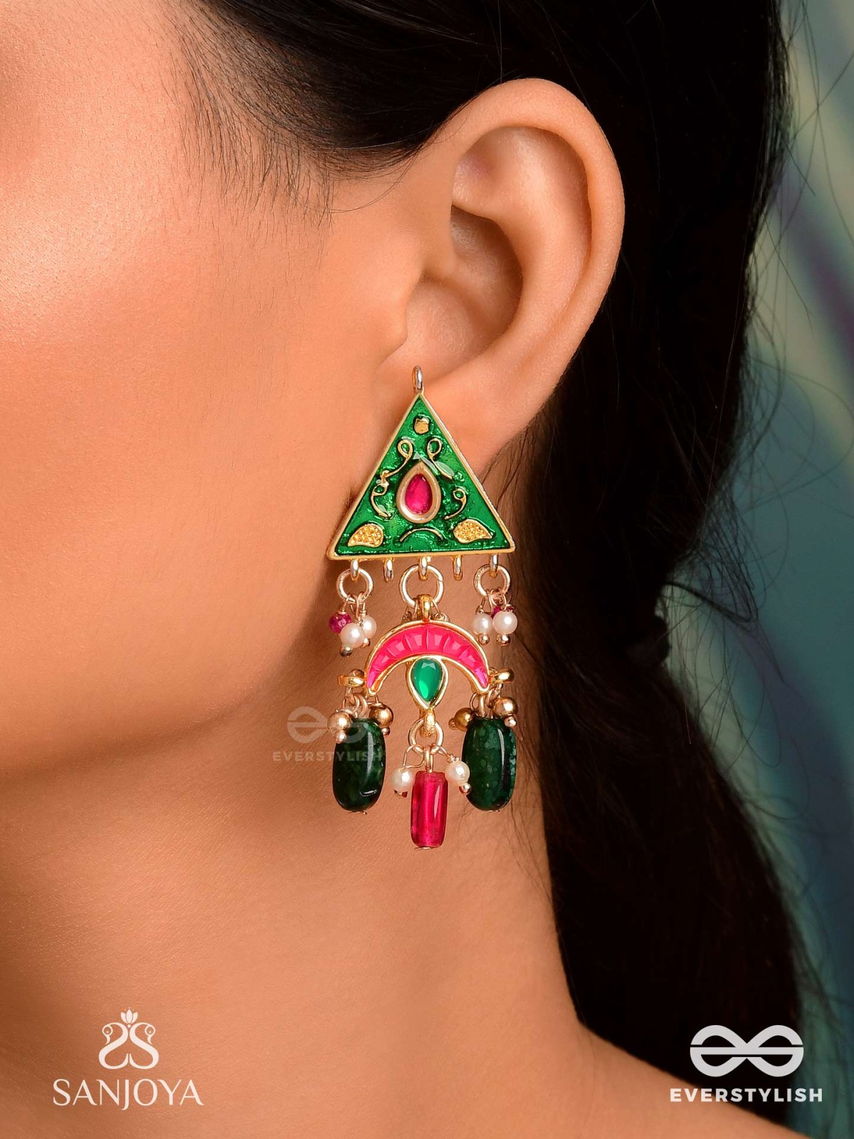 TRIKONIKA - TRIANGULAR BEAUTY- ENAMELED TRIANGLE TOP EARRINGS WITH RED CRESCENT, PEARLS AND BEADS