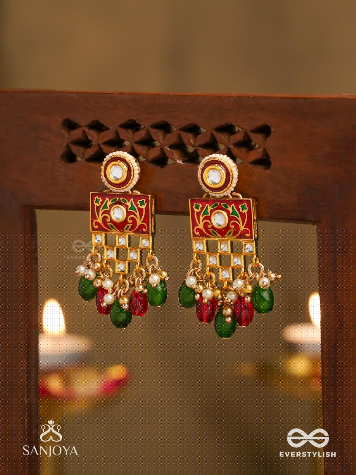 SHUBHADRA - AUSPICIOUS BEAUTY- GEOMETRIC KUNDAN ENAMELLED EARRINGS WITH PEARLS AND BEADS