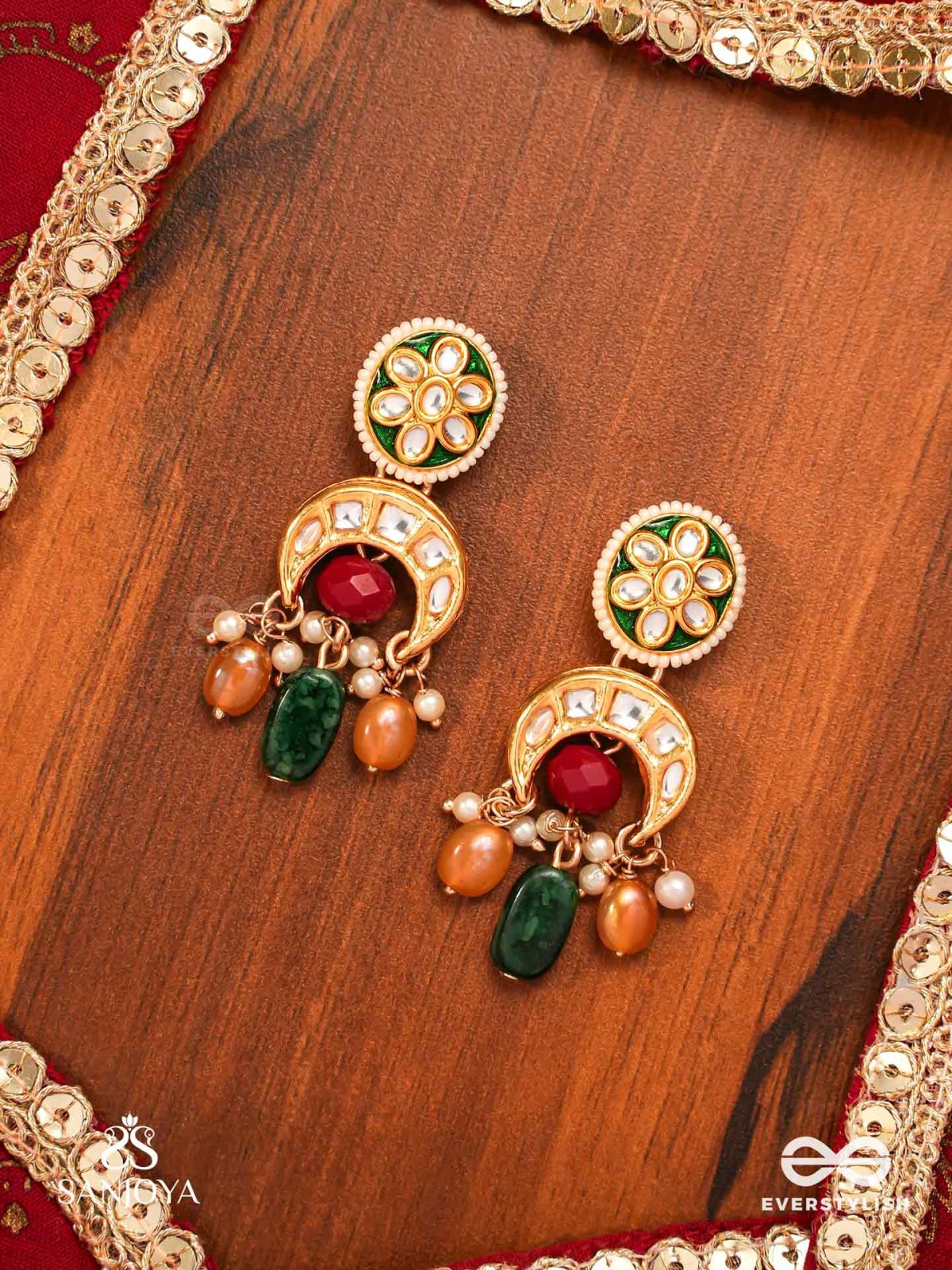 UTKALINI - EXQUISITELY DESIGNED- ENAMEL KUNDAN EARRINGS WITH LAYERED PEARL FRINGES AND VIBRANT BEADS