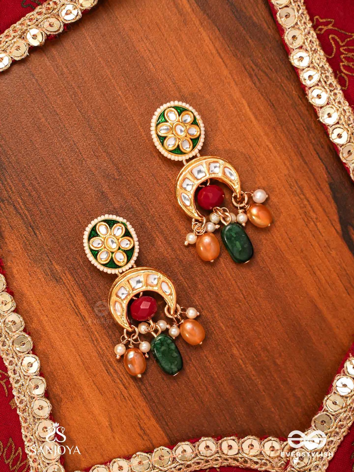UTKALINI - EXQUISITELY DESIGNED- ENAMEL KUNDAN EARRINGS WITH LAYERED PEARL FRINGES AND VIBRANT BEADS