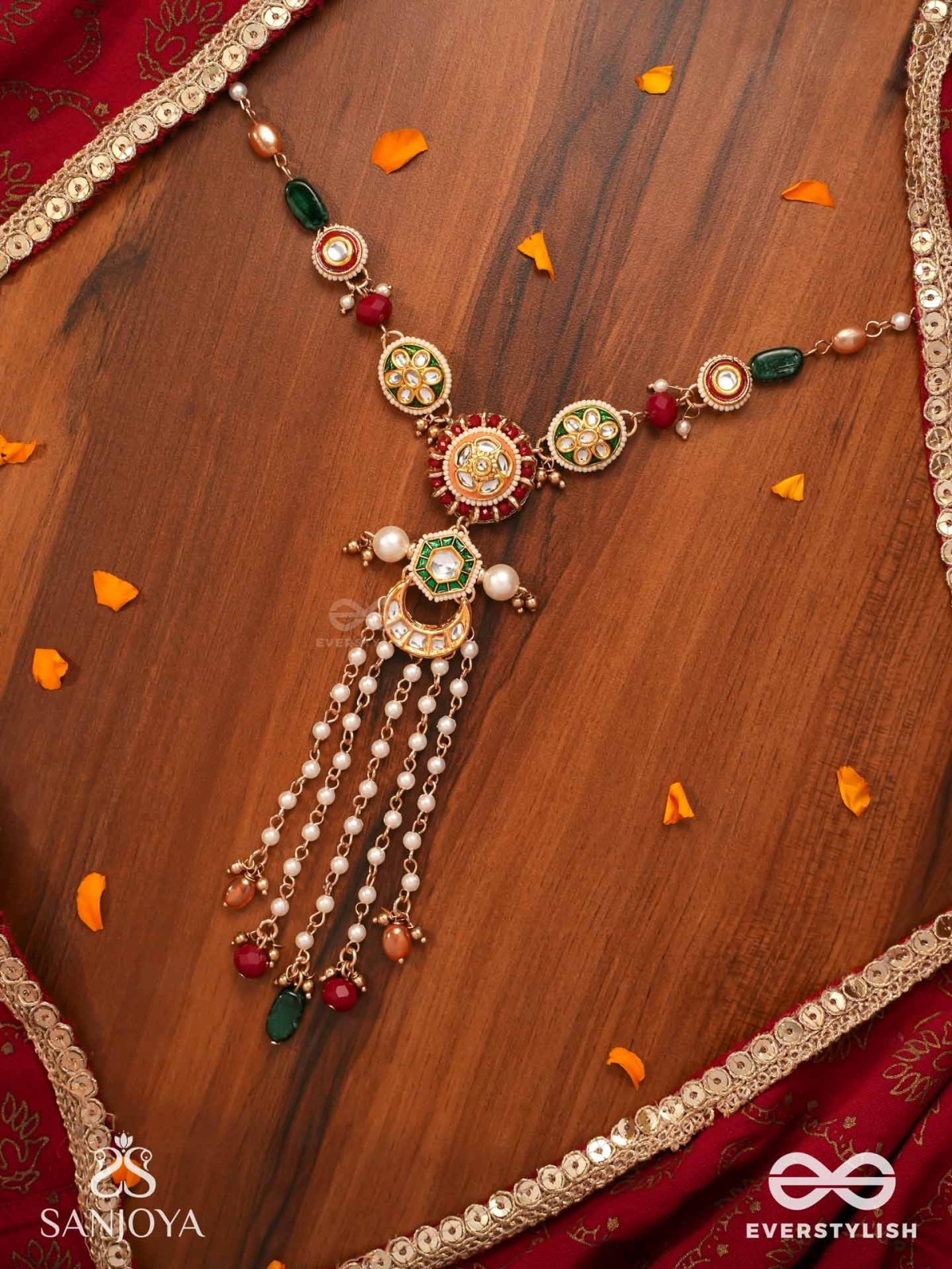UTKALINI - EXQUISITELY DESIGNED- ENAMEL KUNDAN NECKPIECE WITH LAYERED PEARL FRINGES AND VIBRANT BEADS